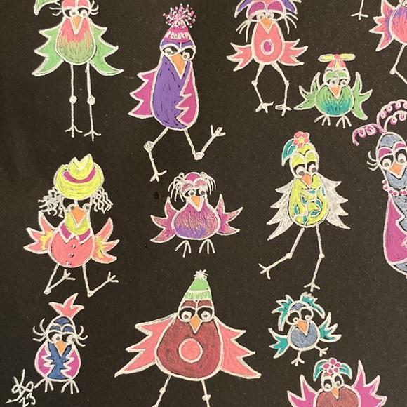 Unframed Original Art in Gel Pen on Black Paper Flocking Strange Birds - Picture 7 of 9